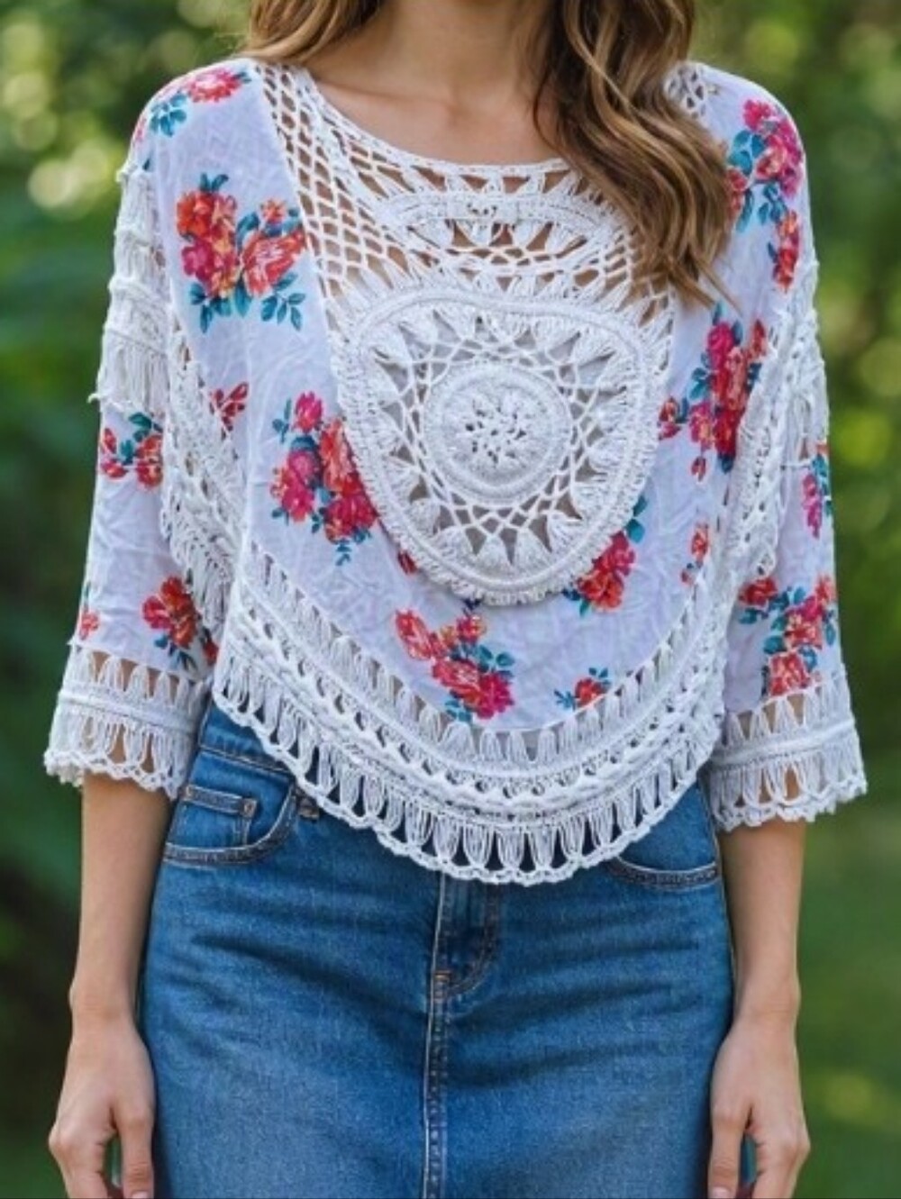 Hippie Boho Pink Florals & White Crochet Festival Style Blouse 3/4 Sleeves - S